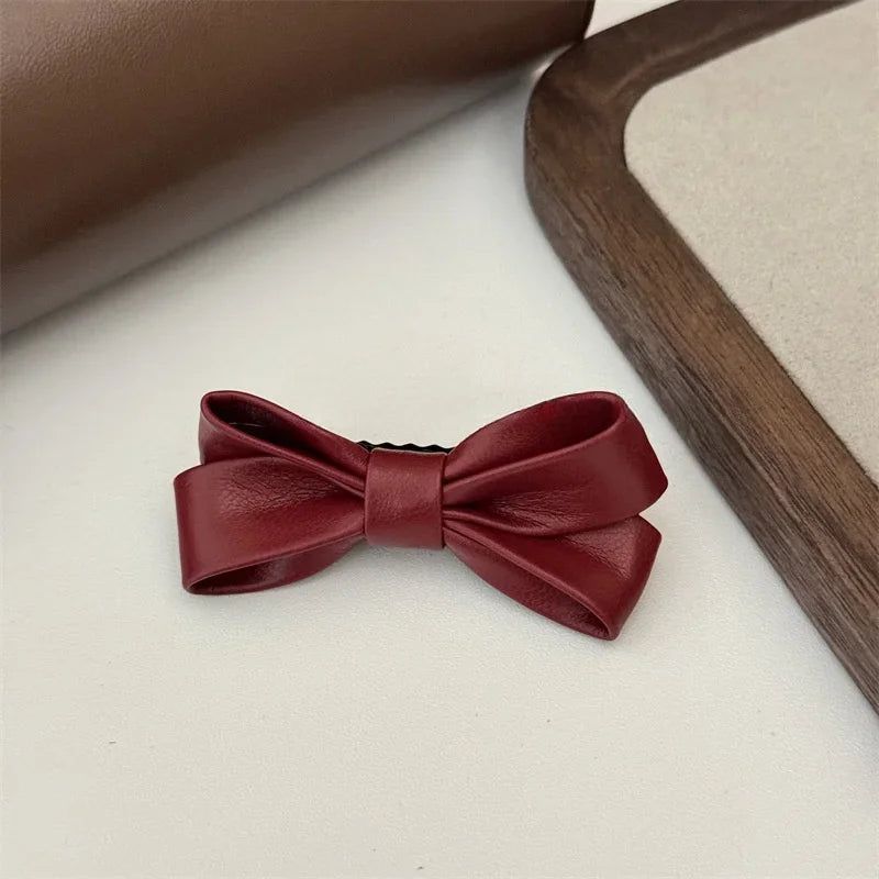 sengpan New Autumnand Winter Chrismas Decor Fashionable Ankorra Red PU Leather Butterfly Hair Tie Hair Clip Red Hair Accessories BowKnot