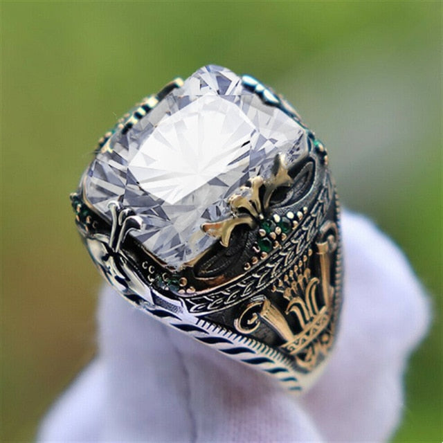 sengpan Retro Handmade Turkish Signet Rings for Men Ancient Silver Color Carved Ring Mystic Zircon Inlay New Punk Motor Biker Ring