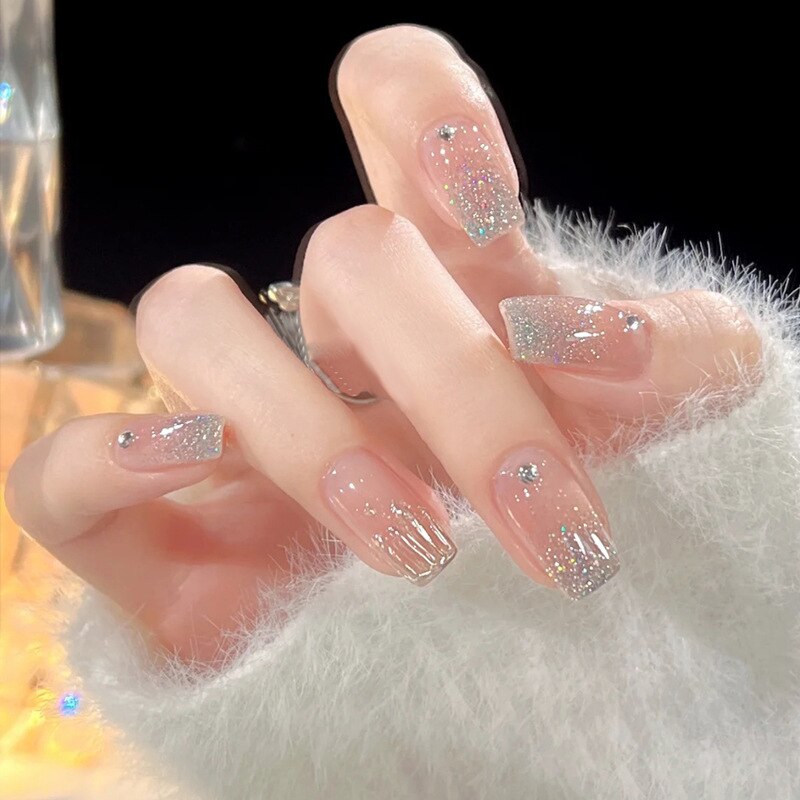 Lianfudai current nail trends 2023  24Pcs Long Ballerina Fake Nails Full Cover Nail Tips Yellow French False Nails with Aurora Rhinestone Press on Nails Wearable