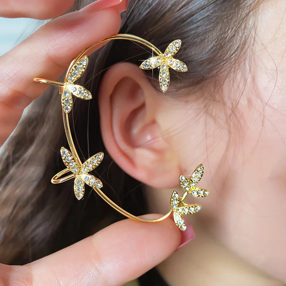 sengpan Zircon Butterfly Ear Cuffs Earrings Golde Color Plated Metal Piercing Cartilage Clips Earrings for Women Wedding Jewelry