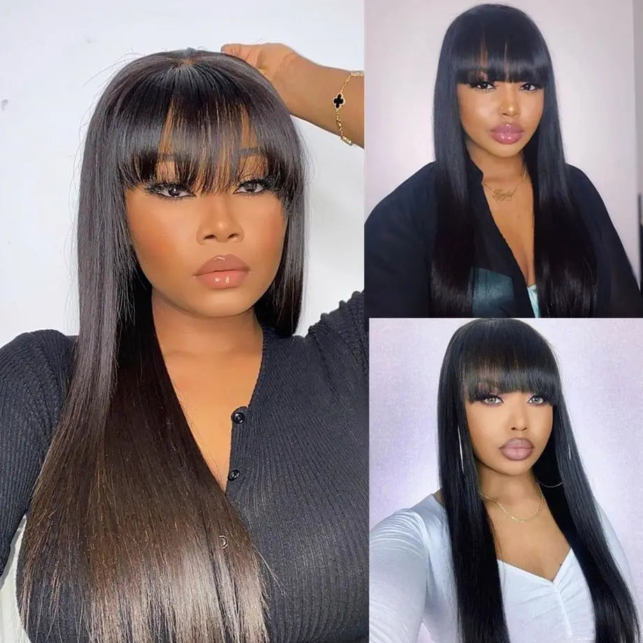 sengpan 30Inch Straight 3x1 Middle Part Lace Human Hair Wig With Bangs For Women Brazilian Wigs On Sale Cheap Fringe Bob Wig 180 Density