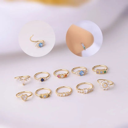 sengpan 1PC 0.8x8mm Hoop Nose Rings for Women Fashion Colorfull Zircon Heart Flower Nostril Nose Septum Ring Cartilage Piercing Jewelry