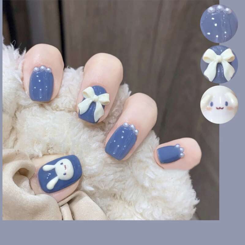 sengpan 24PCS/Box Bowknot Rabbit Pattern Pearl Short Square Designer Fashion Design French Style Full Covering Pressed Fake Nails