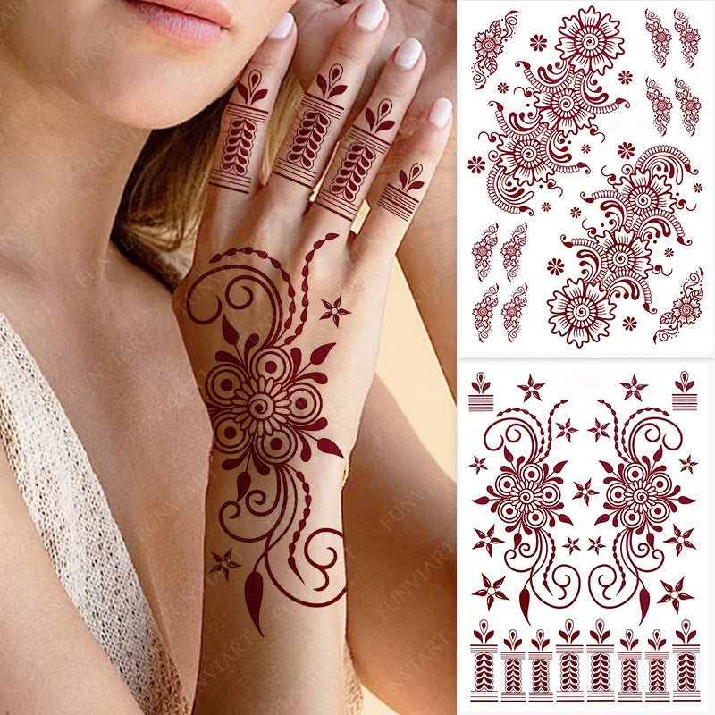 sengpan Brown Henna Tattoos for Women Waterproof Temporary Tattoo Stickers  for Hand Flower Fake Tattoo for Wedding Festival Body Art