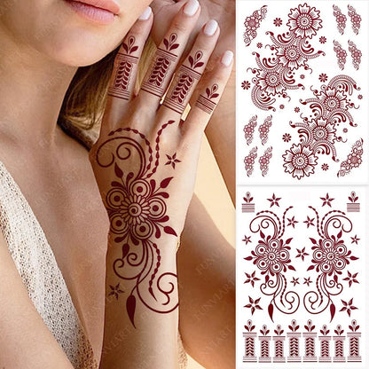 sengpan Brown Henna Tattoos for Women Waterproof Temporary Tattoo Stickers  for Hand Flower Fake Tattoo for Wedding Festival Body Art