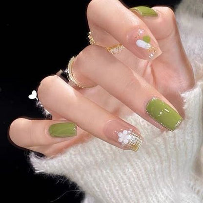 sengpan 24Pcs/Set Press On Fake Nails Green Wearing Reusable False Nails Art Girls Ballerina Coffin Nail With Glue Full Cover Artificial