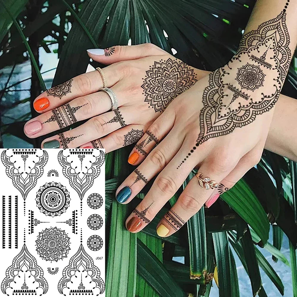 sengpan Black Henna Temporary Tattoos Lace Flower Mehndi Tattoo Sticker for Women Wedding Waterproof Fake Tattoo Festival Body Art Hena