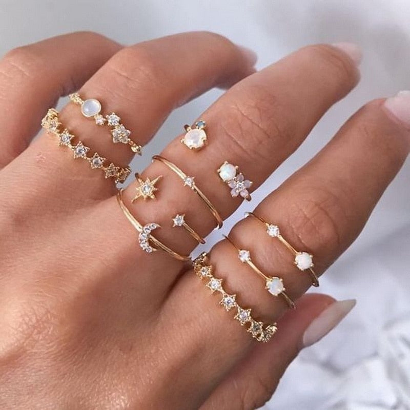 sengpan Bohemian Geometric Rings Sets Crystal Star Moon Flower Butterfly Constellation Knuckle Finger Ring Set For Women Fashion Jewelry