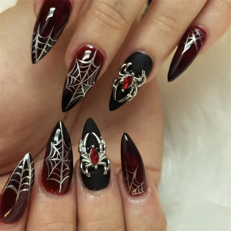 sengpan 24Pcs Heavy Metal Halloween False Nail Tips Sliver Spider Design Handmade Full Cover Wearable Black Cool Almond Press on Nails