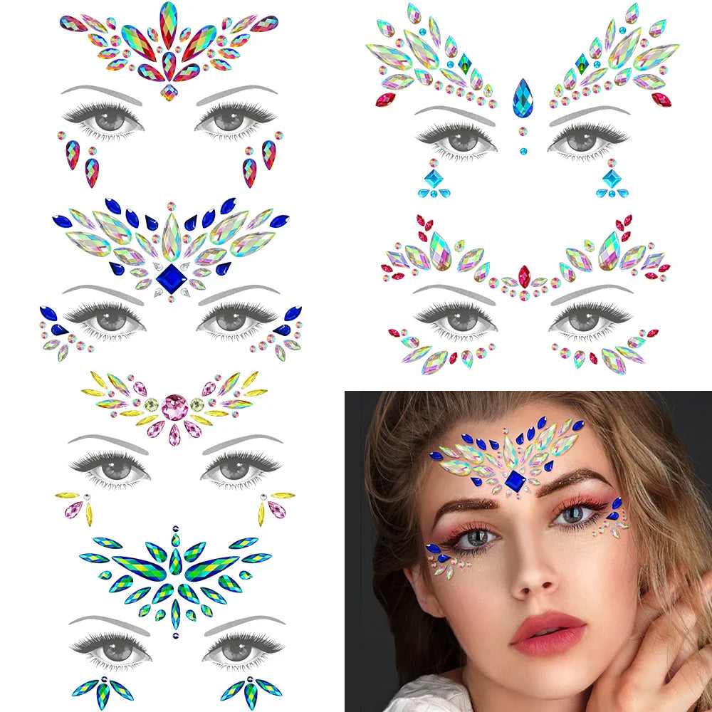 sengpan 6Pcs Mermaid Face Jewels Gems Rhinestones Rave Eyes Body Temporary Sticker Crystal Face Stickers Decorations for Festival Party