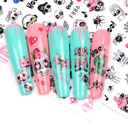 sengpan Cute Halloween Nail Design Sticker Pink Cartoon Skull Pumpkin Spooky 3D Punk Holiday Manicure Slider Nail Art Accessories BEF886