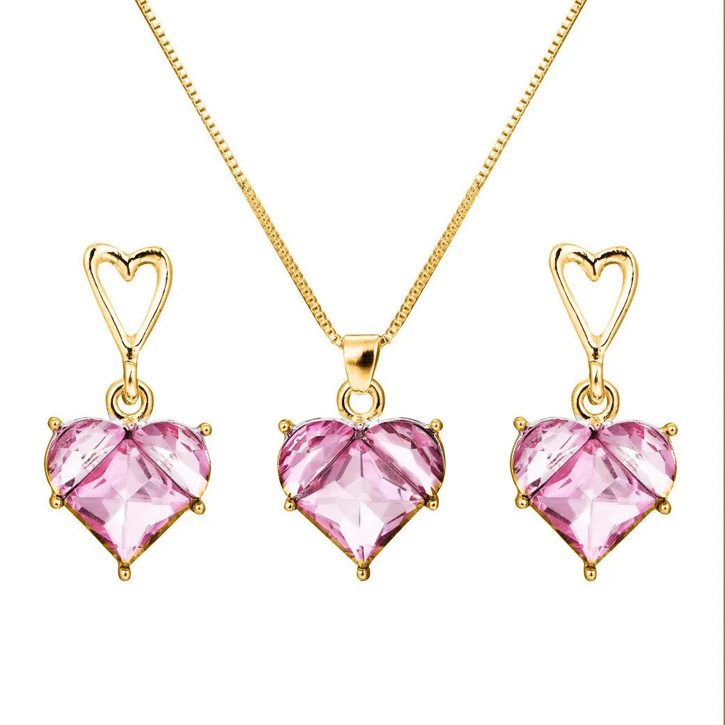 sengpan New Fashion Earrings Necklaces Set for Women Heart-shaped Zircon Pink Crystal Pendant Necklace Women's Jewelry Exquisite Gifts