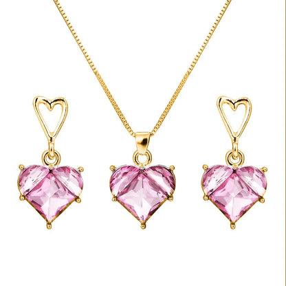 sengpan New Fashion Earrings Necklaces Set for Women Heart-shaped Zircon Pink Crystal Pendant Necklace Women's Jewelry Exquisite Gifts