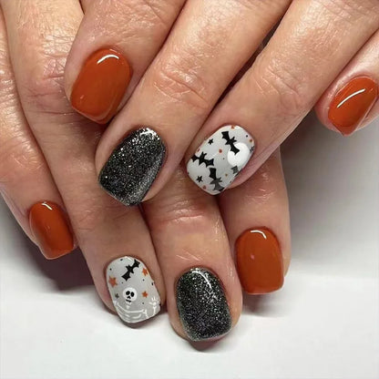 sengpan 24pcs Cute Ghost&Pumpkin Halloween Press-On Nails-Glossy Short Square Fake Nails with Festive Designs False Nail for Women/Girls