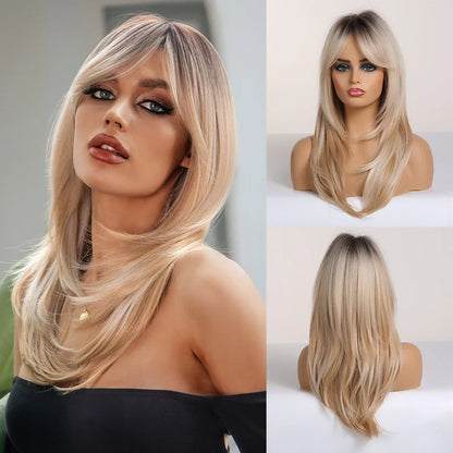 sengpan Ombre Synthetic Straight Cosplay Women Hair Platinum Blonde to Black Hair Long Layered Natural Wigs with Bangs for White Women