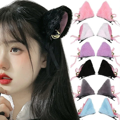 sengpan 2pcs Cat Ears With Bell Hair Clip Fox Long Fur Hairpins Headwear Cosplay Anime Costume Halloween Party Gifts Hair Accessories