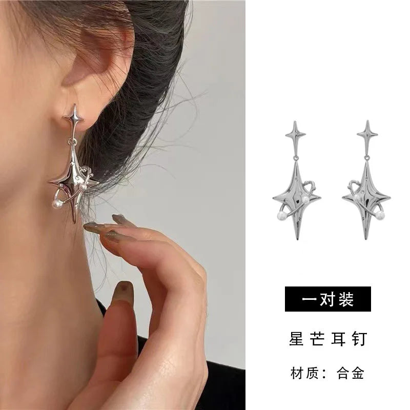 sengpan Korea Simple Black Star Pentagram Crystal Earrings Hip Hop Y2K Wholesale Jewelry Trends Trending