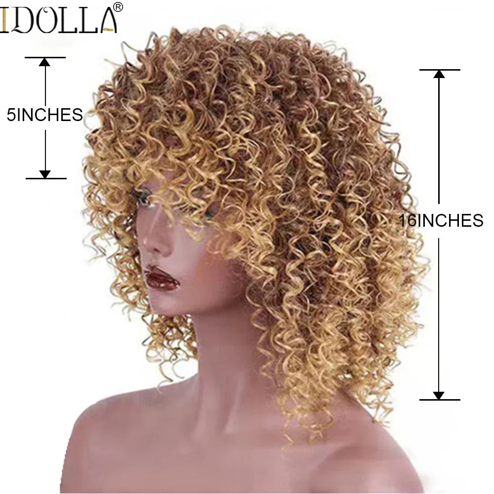 sengpan Short Curly Blonde Wig Synthetic Afro Kinky Curly Wig With Bangs For Black Women Natural Ombre Blonde Cosplay Wig