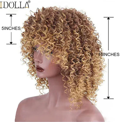 sengpan Short Curly Blonde Wig Synthetic Afro Kinky Curly Wig With Bangs For Black Women Natural Ombre Blonde Cosplay Wig