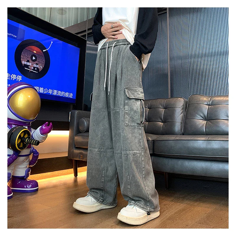 BONSIR  -  Multi-Pocket Washed Cargo Pants Men Women Y2K Vintage Streetwear Loose Oversized Straight Wide-Leg Jeans Dark Green/Purple