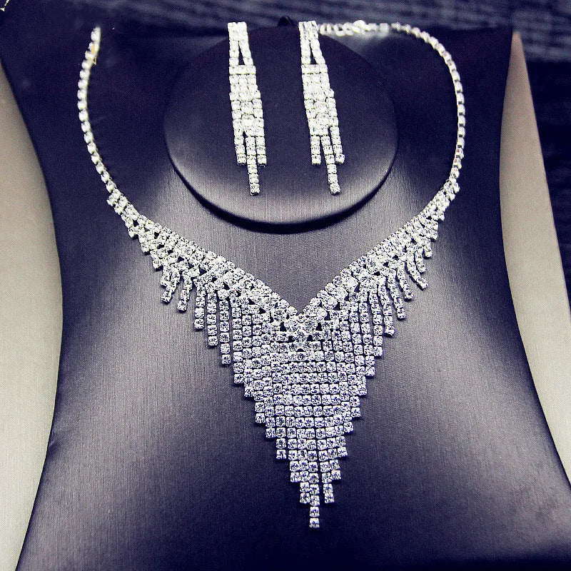 sengpan Luxury Geometric Rhinestone Necklace Earrings For Women Long Tassel Jewelry Sets Ladies Weddings Banquet Accessory