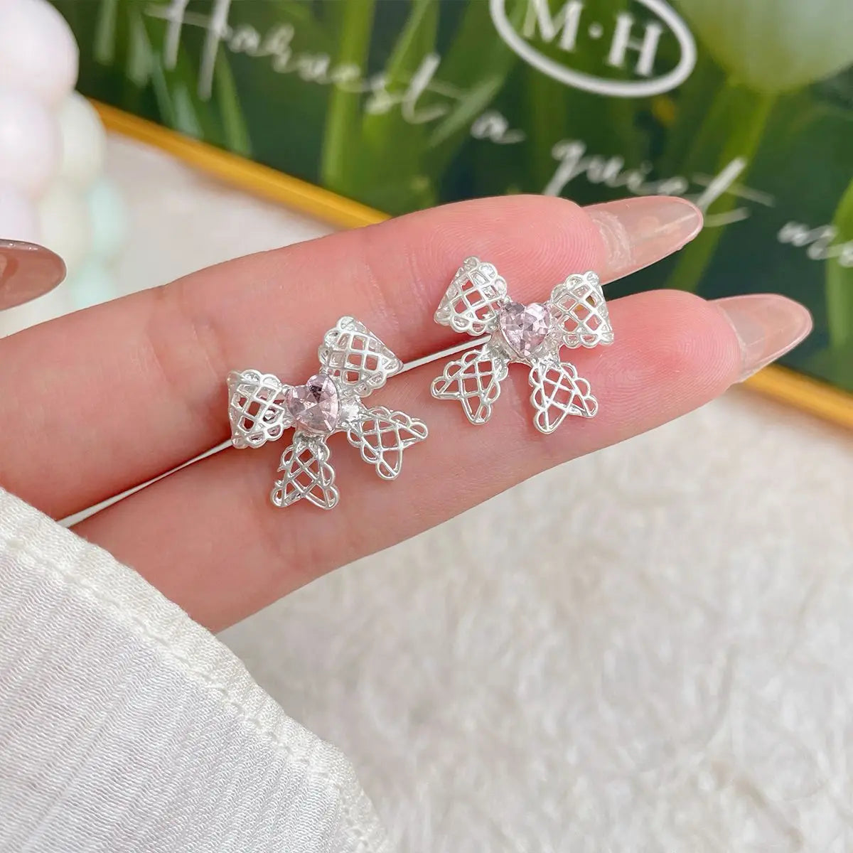 sengpan Sweet Heart Crystal Ribbon Bowknot Stud Earrings for Women Inlaid Zircon Hollow Bow Korean Style Girl Earrings Y2K Jewelry Gifts