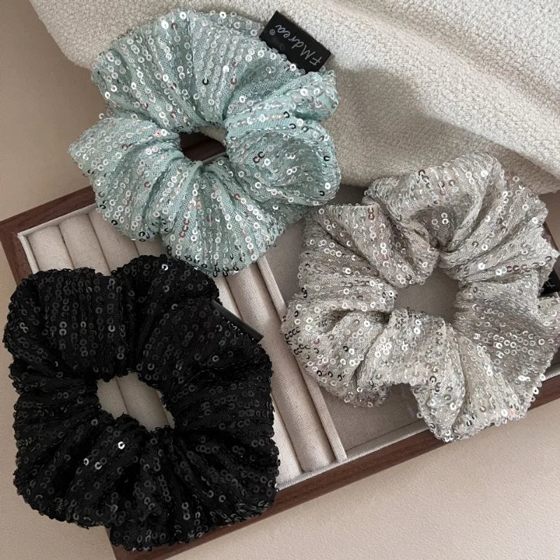 sengpan Super Shiny Sequin Scrunchie Headdress for Women Fashion Design Spring Summer Colored Ponytail Hair Band Hair Accessories