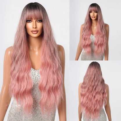 sengpan  Brown Highlight Long Wave Wigs for Women Synthetic Wig with Bangs Ombre Mixed Color Natural Looking Hair for Daily