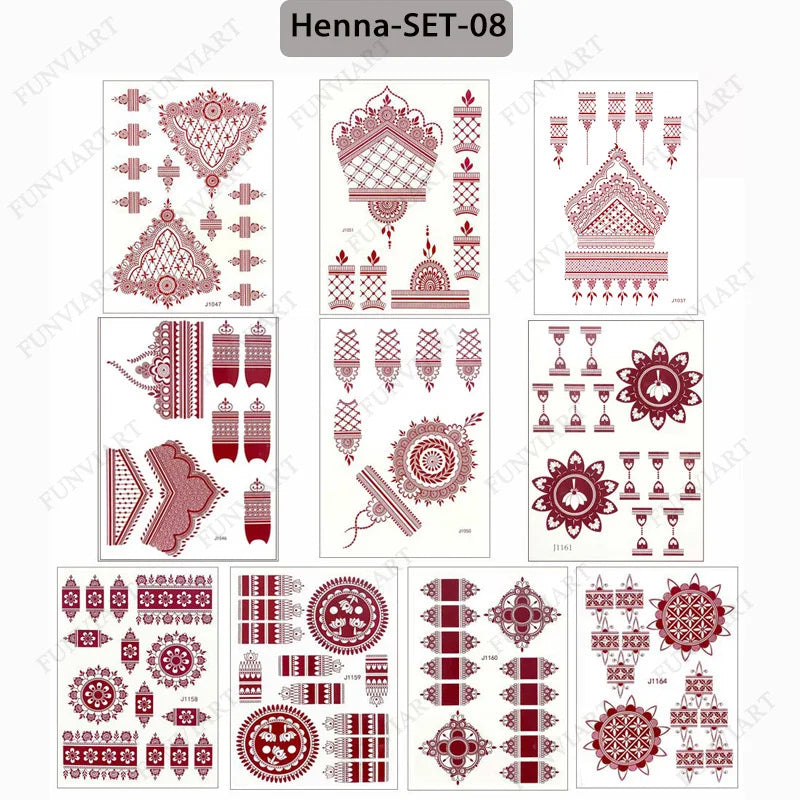 sengpan 9Pcs Brown Henna Temporary Tattoos for Women Henna Tattoo Sticker for Hand Body Art Moroccan Mehndi Design Tattoo Fake Hena