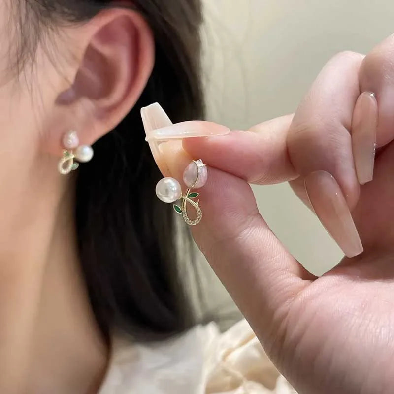 sengpan Sweet Fashion Enamel Pearl Tulip Flower Stud Earrings For Women Korean Temperament Zircon Back Hanging Earring Wedding Jewelry