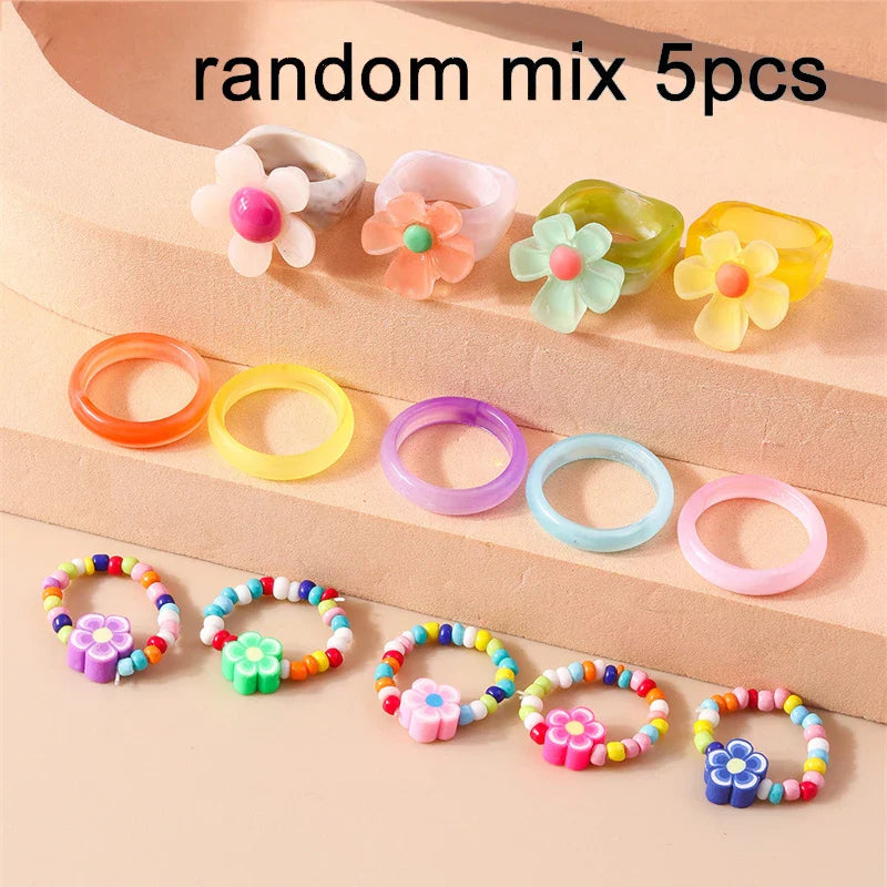 sengpan Korean Colorful Small Flower Ring Sets Bohemia Handmade Multi Beaded Rice Beads Finger Ring For Women Beach Jewelry Gifts