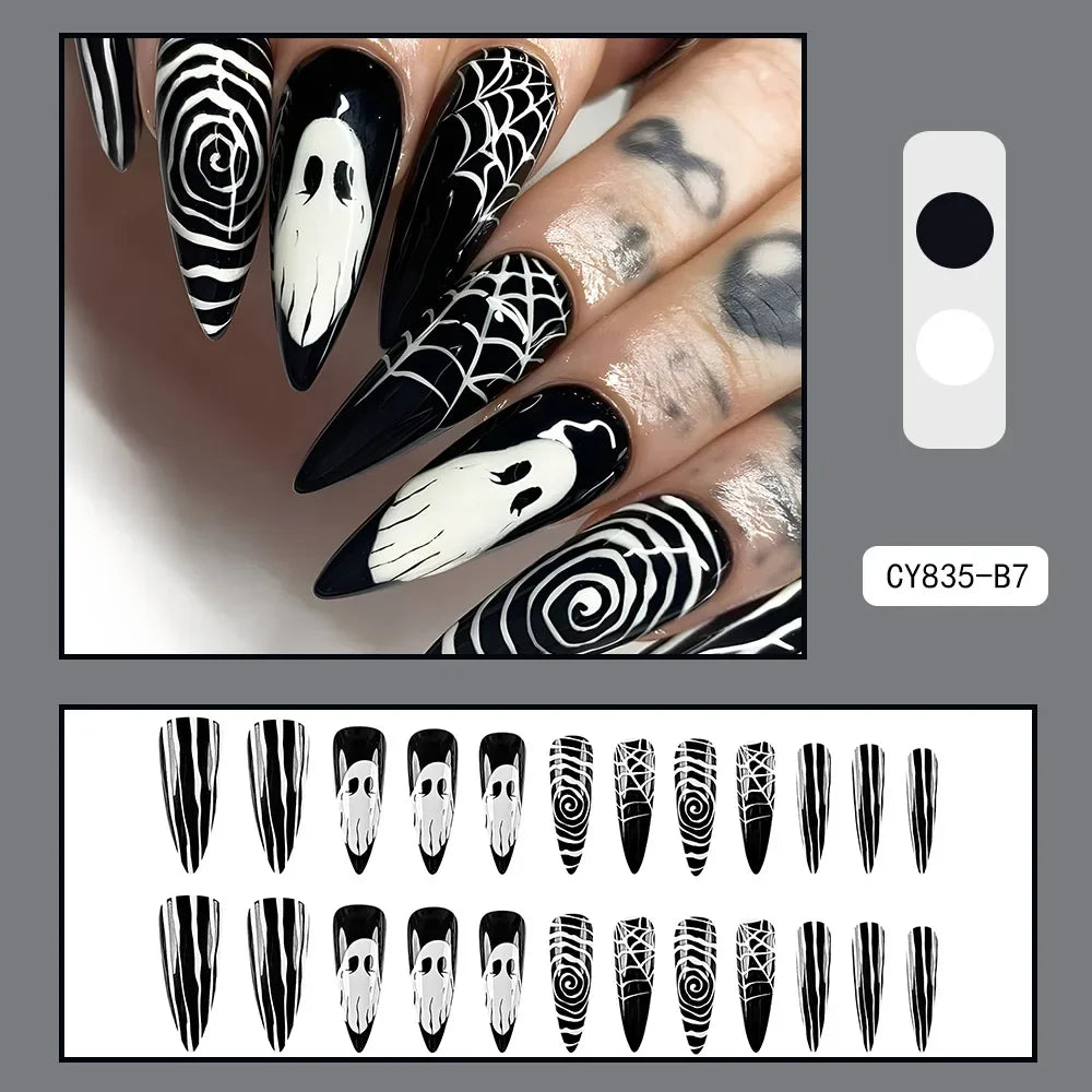 sengpan 24Pcs/set Halloween Ghost Press-on Nails Cobweb Pattern Teardrop Full Cover Nail Tips for Women & Girls Party False Nail Art