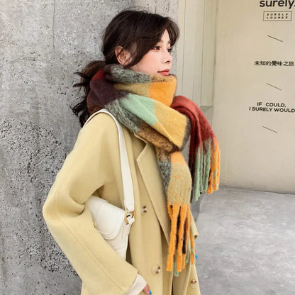 sengpan Retro Imitation Cashmere Scarf Winter Women Fashion Green Mohair Striped Scarves Korean Classic Thicken Warm Soft Shawl