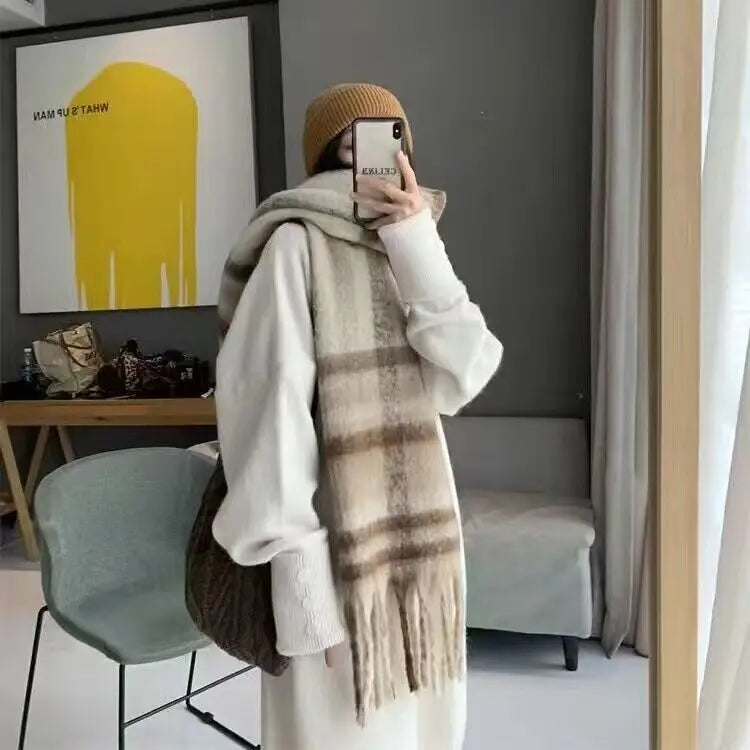 sengpan Retro Imitation Cashmere Scarf Winter Women Fashion Green Mohair Striped Scarves Korean Classic Thicken Warm Soft Shawl