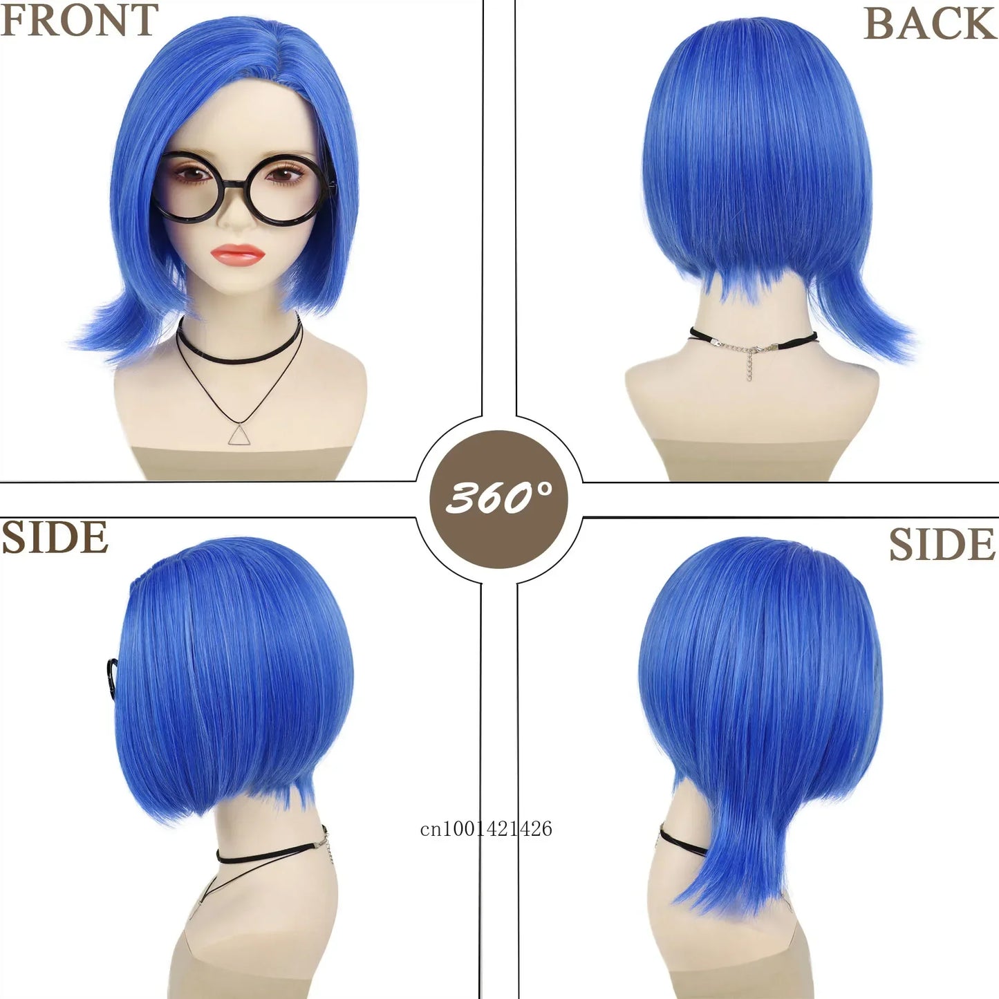 sengpan Synthetic Hair Short Sadness Wig Cosplay Straight Blue Wig for Kid with Glasses Inside Out Costume Halloween Fake Wigs for Women