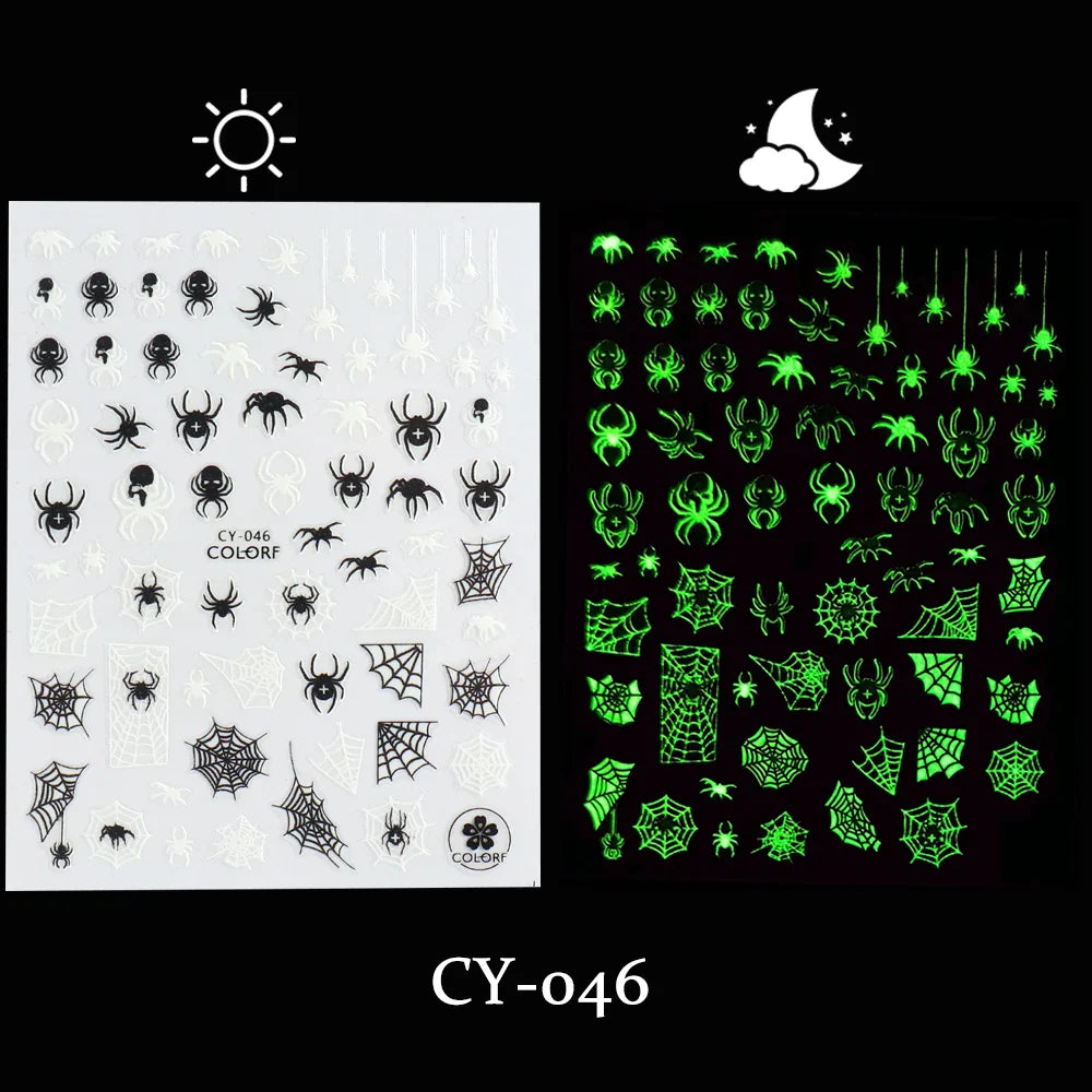 sengpan Luminous Nail Stickers Glow In Dark Halloween Nail Art Decoration Cartoon Skull Ghost Sliders Bones Spider Decal Tattoo GLYB-018