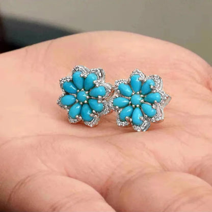 sengpan Vintage Turquoise Stud Earrings for Women Snow Flower Earring Statement Earring Valentine Day Gift Jewelry Pendientes Mujer