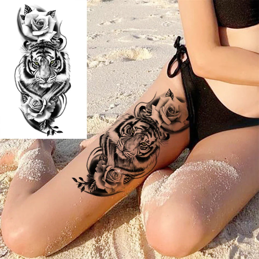 sengpan Death Skull Flower Temporary Tattoo For Women Girls Snake Bird Peony Tattoo Sticker Black Fake Blossom Sexy Tatoo Transfer Adult