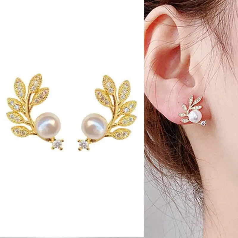 sengpan Korean Vintage Pearl Crystal Earrings For Women Jewelry High-class Luxury Zircon Flower Butterfly Leaf Women's Stud Earrings