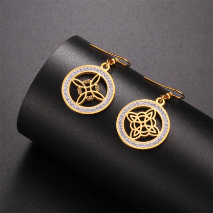 sengpan  Crystal Witch Knot Earrings for Women Stainless Steel Celtic Knot Rhinestone Drop Earrings Vintage Amulet Jewelry Gifts