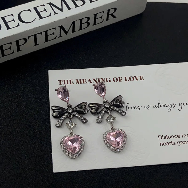 sengpan Y2K Bowknot Zircon Stud Earrings for Women Fashion Korean Silver Color Pink Heart Personality Earring Girl Party Jewelry Gifts