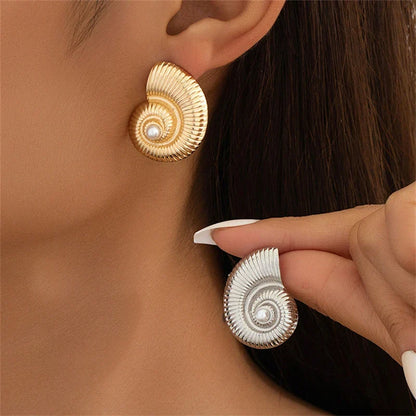 Lianfudai Spiral snail earrings imitation pearls high-end simple earrings fashionable retro ladies beautiful jewelry 2024