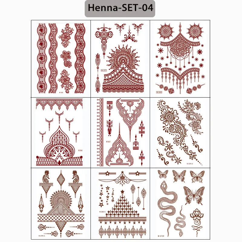 sengpan 9Pcs Brown Henna Temporary Tattoos for Women Henna Tattoo Sticker for Hand Body Art Moroccan Mehndi Design Tattoo Fake Hena