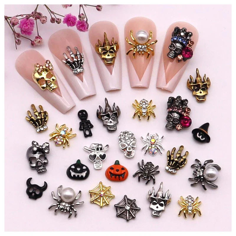 sengpan 10pcs/Pack Metal Halloween Collection Nail Art Decorations Pumpkin Skeleton Spider Skull Shiny Rhinestone Charm Nail Accessories