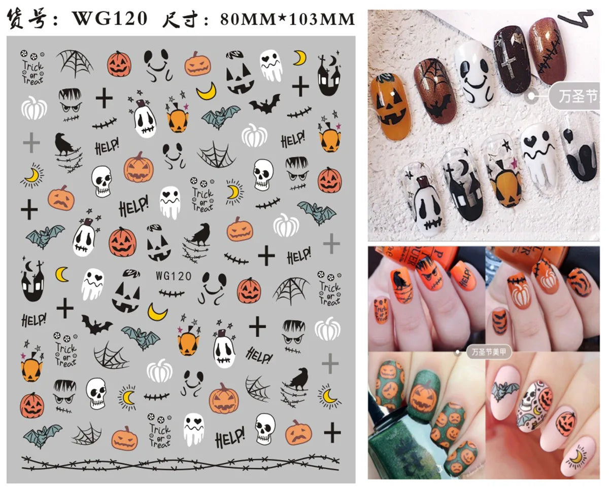 sengpan 3D Halloween Nail Stickers Clown Skull Bone Pumpkin Cartoon Spider Bat Nail Decals Self-Adhesive Nail Art Stickers Nails Decor