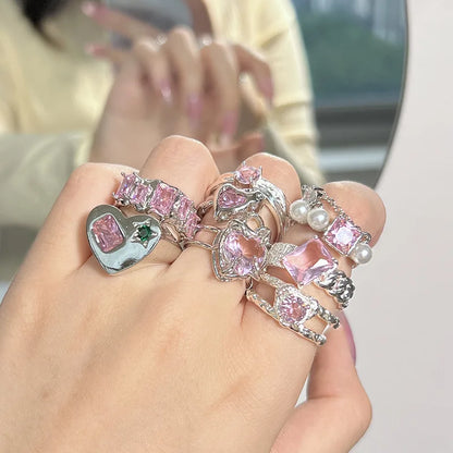 sengpan Korean Colorful Stone Rings for Women Girls Trendy Metal Chain Geometric Square Round Rings y2k Jewelry Gifts