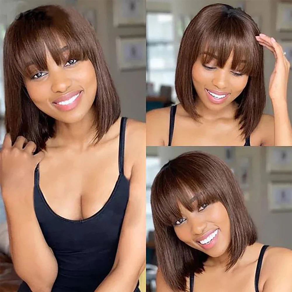 sengpan Straight Human Hair Bob Wigs with Bangs Remy Full Machine Made for Women Hightlight Burgundy Brown Colored BOB Wig