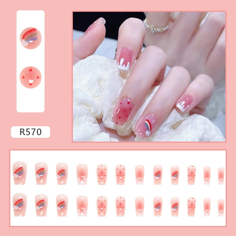 sengpan 24P Cute Childlike Rainbow Nail Art Full Cover Artificial Fake Nails Wearing Reusable False Nails Ballerina Press on Nail Art