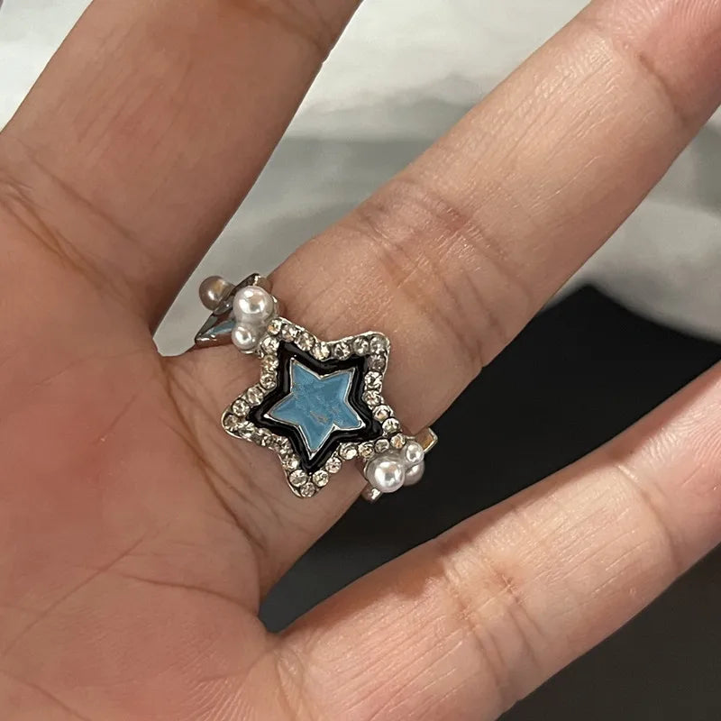 sengpan Y2K Crystal Rings Kpop Heart Adjustable Ring Irregular Geometry Punk Vintage Rings Set for Women Girls New Fashion Jewelry