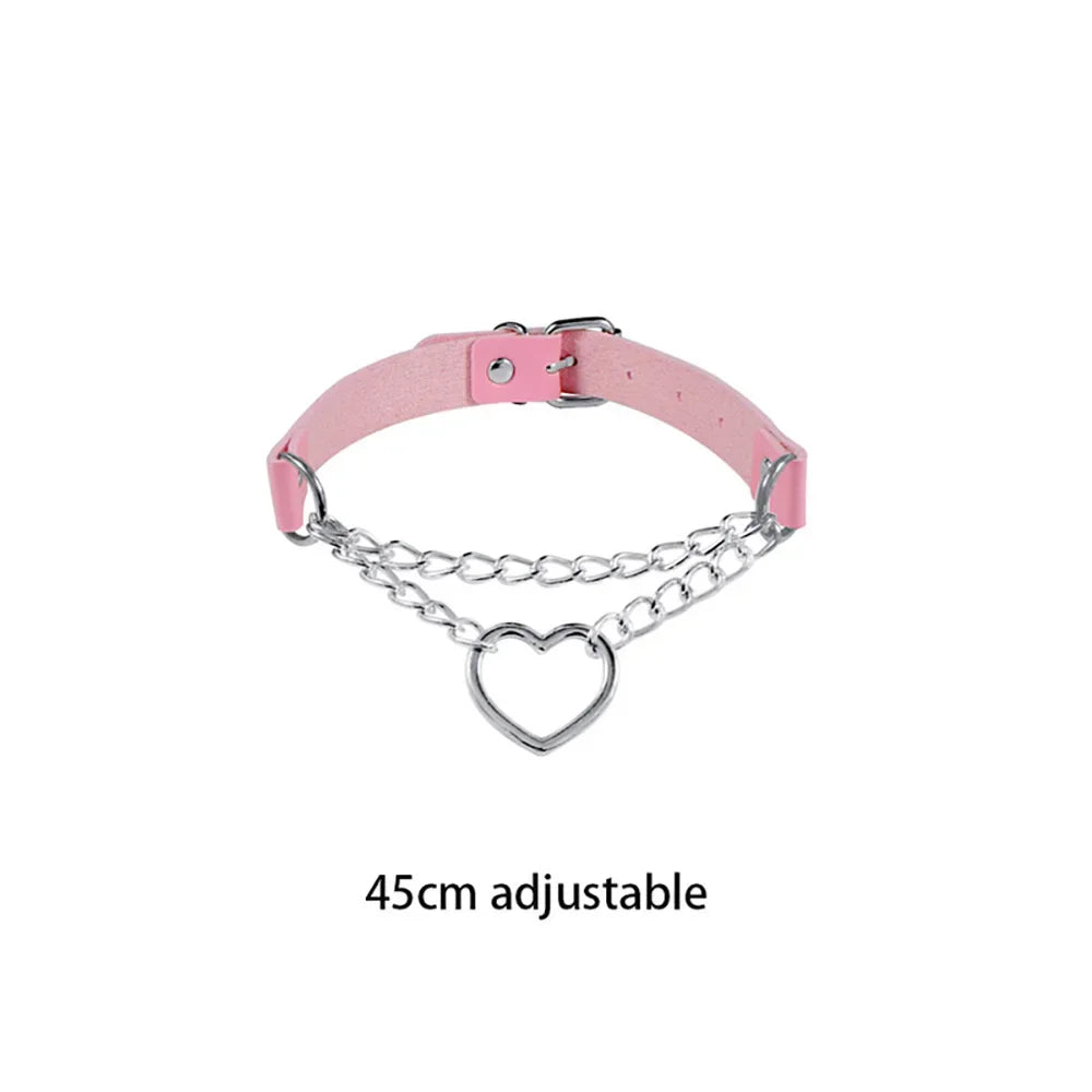 sengpan Pink Sexy Trendy Rock Gothic Collar Necklaces Jewelry Gothic Leather Heart Rivets Harajuku Punk Choker Necklace for Women Gift